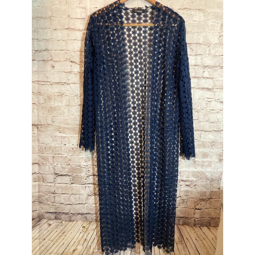 Young at Heart L.A. Top Women Small Navy All Over Crochet Long Length Open Front